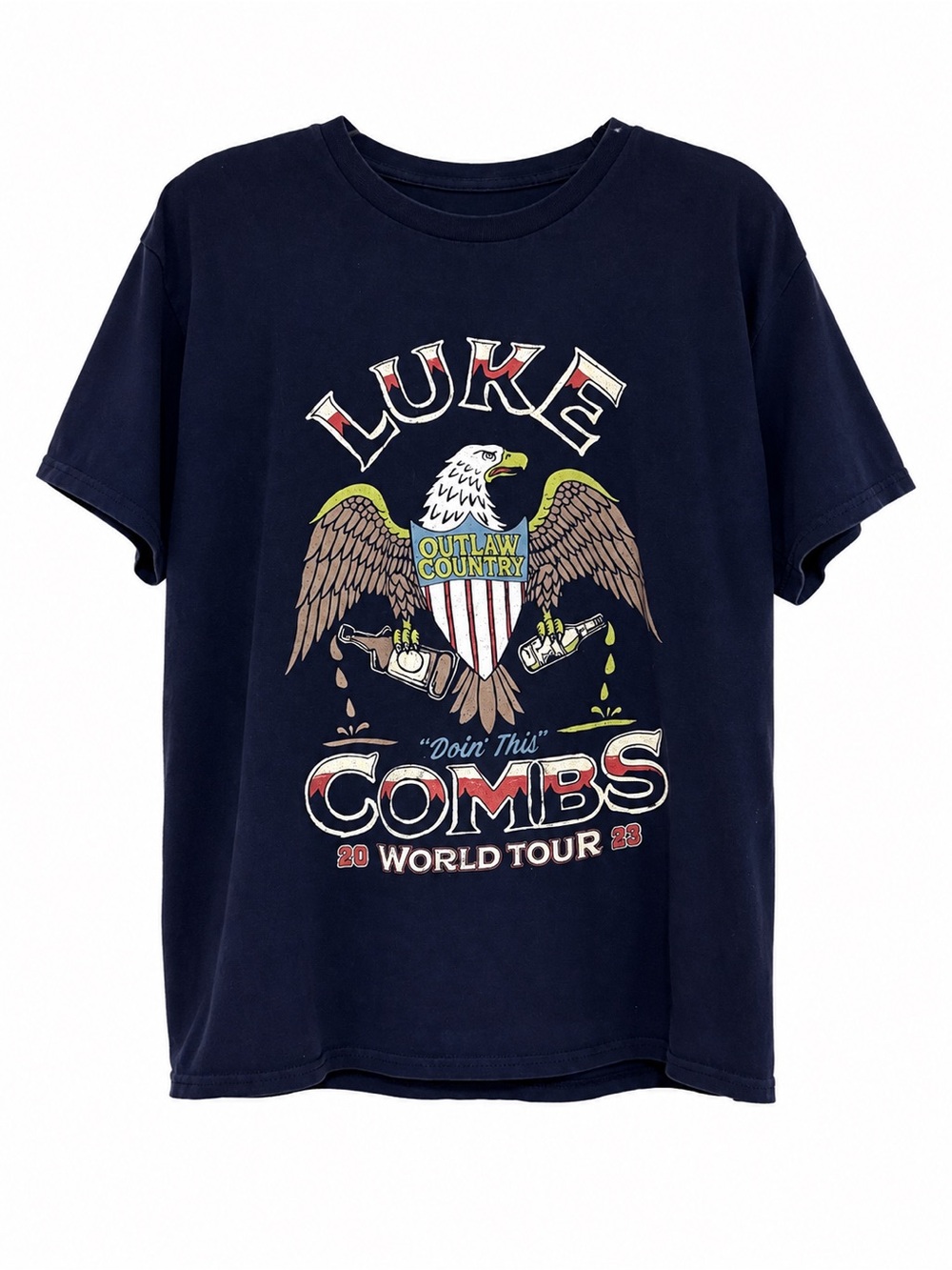 Luke Combs Doin’ This 2023 World Tour Graphic T-Shirt Navy Size Large